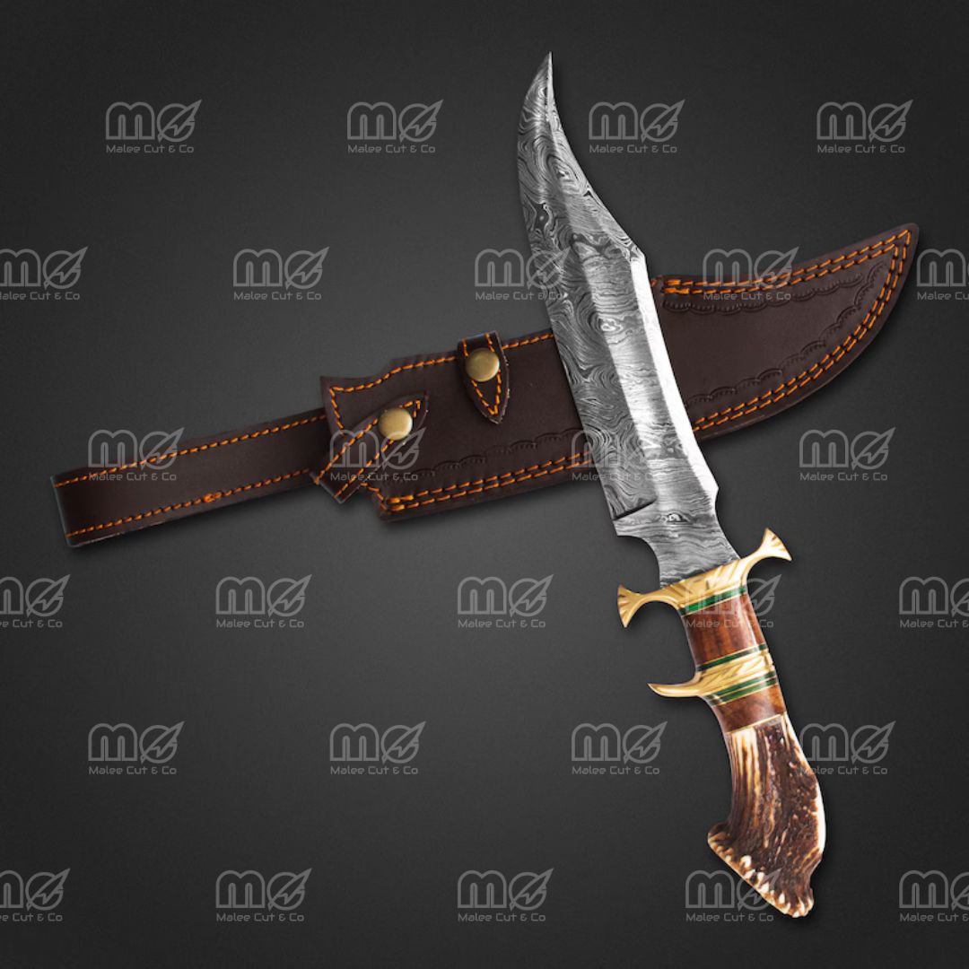 Handmade Damascus Steel Hunting Knife With Stag Antler Handle