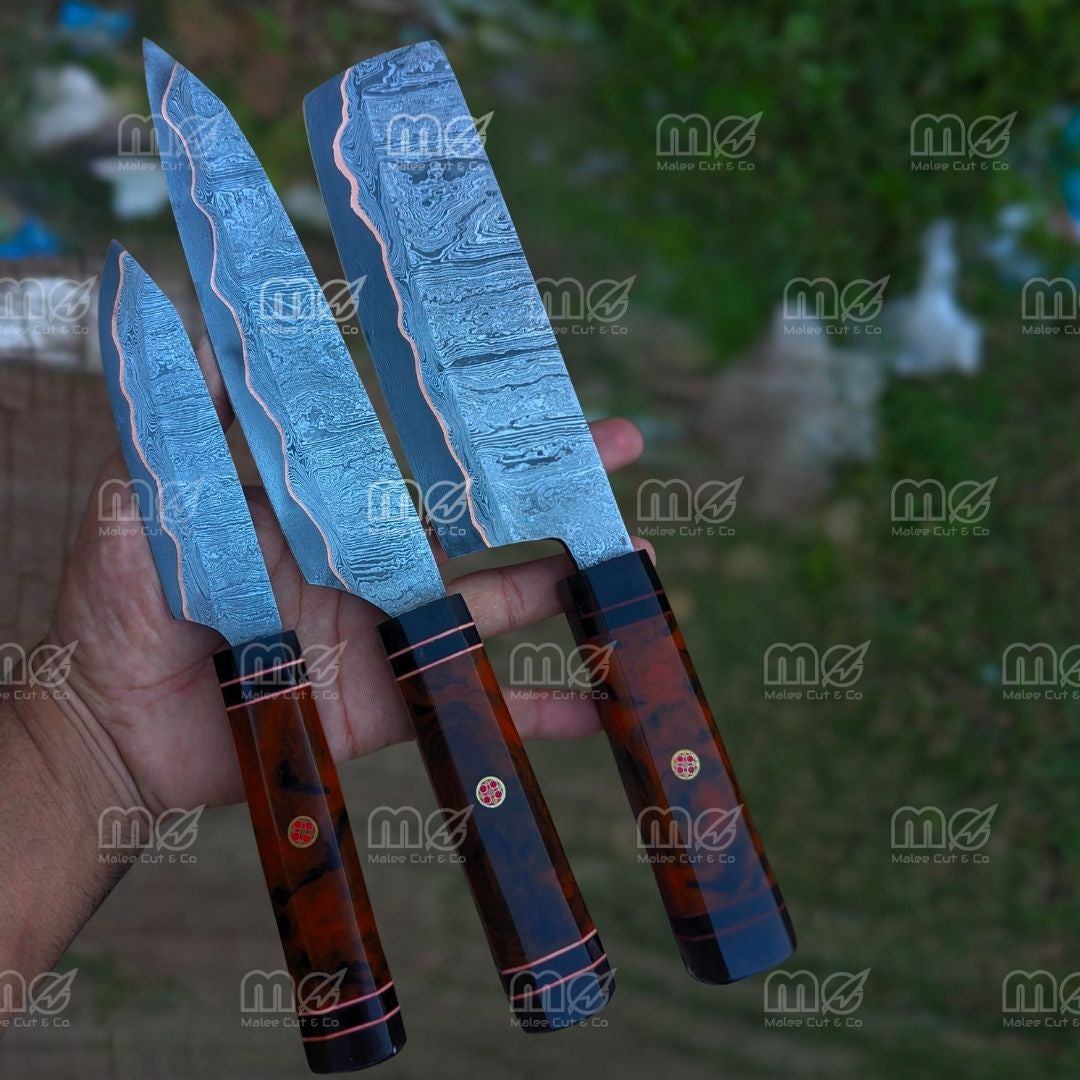 Handmade Copper Damascus Chef Knife Set - Free Shipping