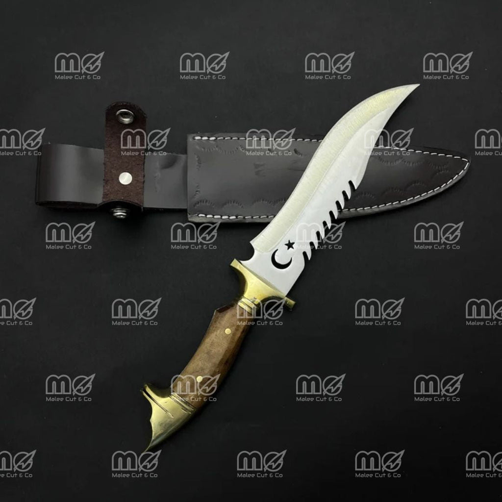 Custom Engraved Wood Hunting Knife With Wolf Design – Personalized Bowie Knife With Sheath