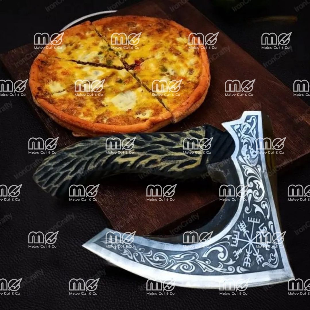 Custom Hand Forged Viking Pizza Cutter Axe With Black Wood Handle