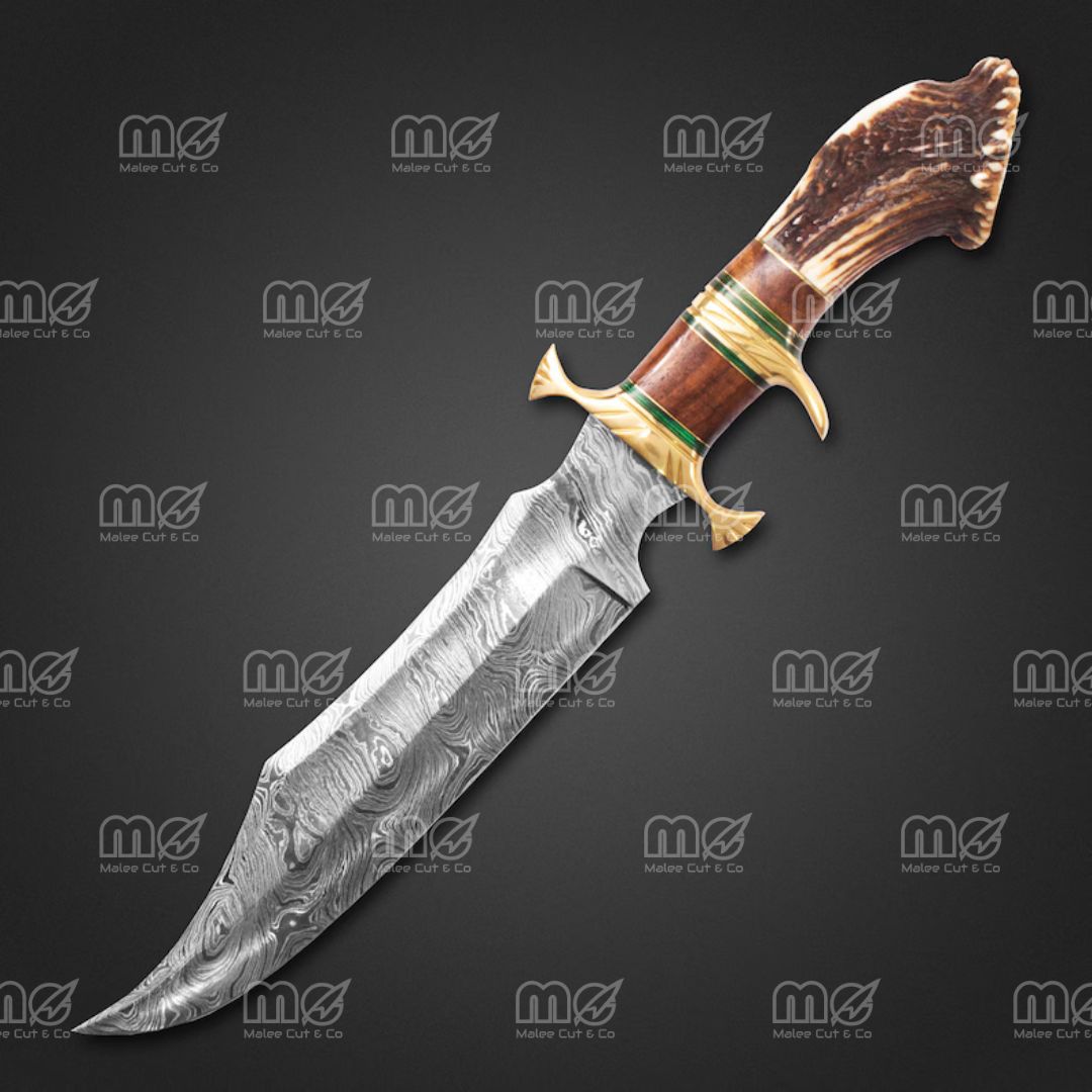 Handmade Damascus Steel Hunting Knife With Stag Antler Handle