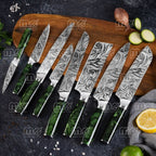 16-Piece Japanese Chef Knife Block Set – Green Resin Handles & Acacia Wood Block