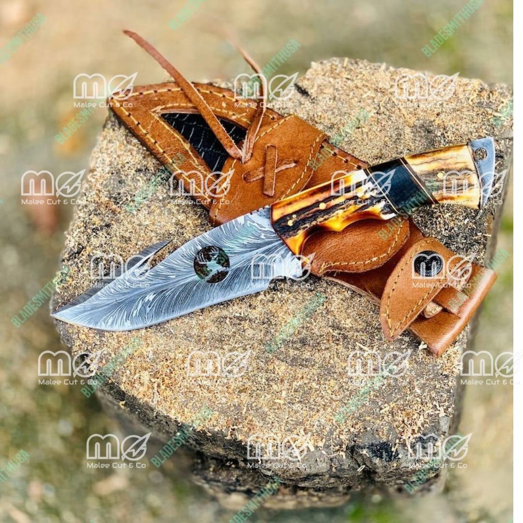 Personalized Handmade Damascus Hunting Knife With Stag Horn Handle