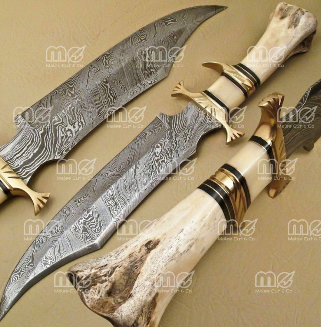 Custom Damascus Steel Hunting Knife with Camel Bone Handle