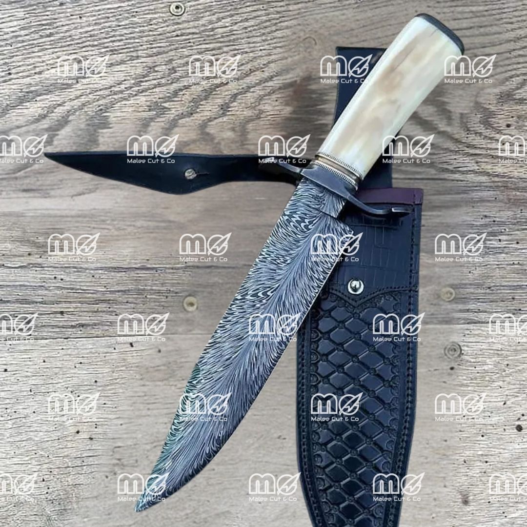 Custom Handmade Fire Pattern Bowie Knife – 13" Damascus Steel Hunting Knife With Camel Bone Handle