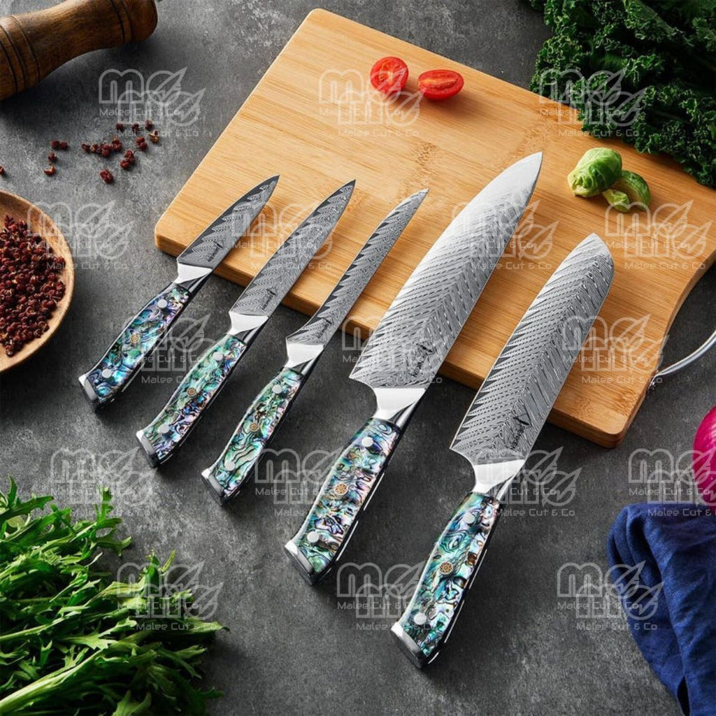 11-Piece Real Abalone Shell Damascus Knife Set with Acacia Wood Block