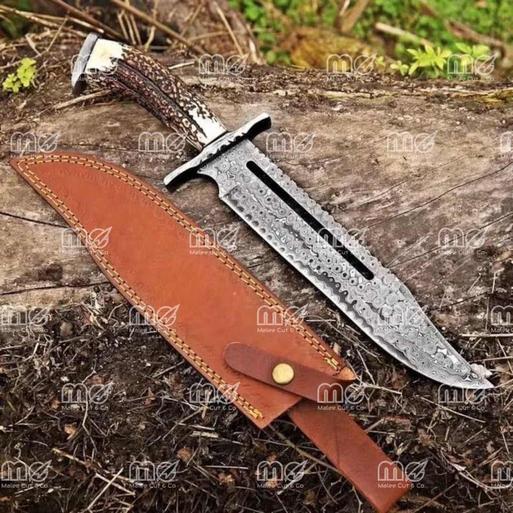 18″ Handmade Damascus Steel Bowie Knife – Deer Stag Antler Handle With Leather Sheath