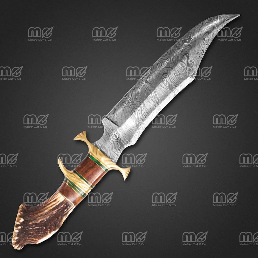 Handmade Damascus Steel Hunting Knife With Stag Antler Handle