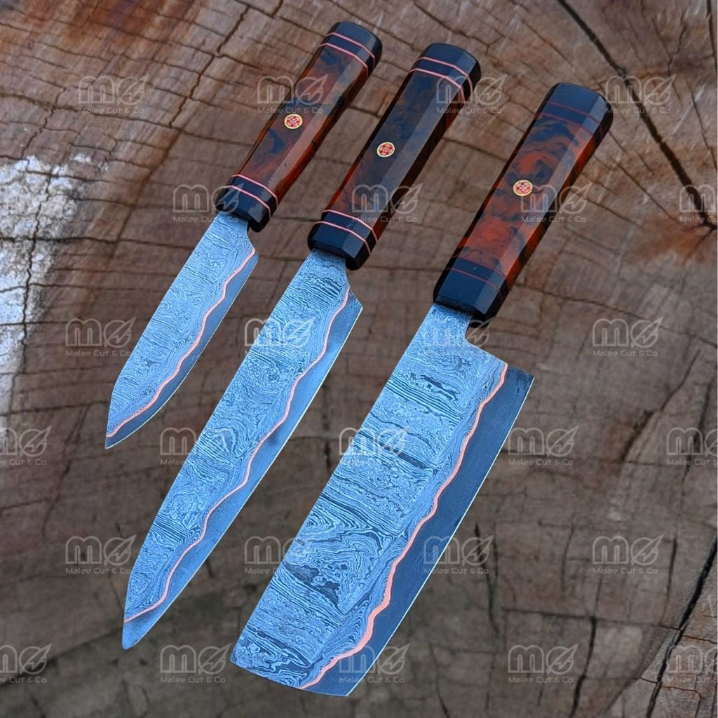 Handmade Copper Damascus Chef Knife Set - Free Shipping