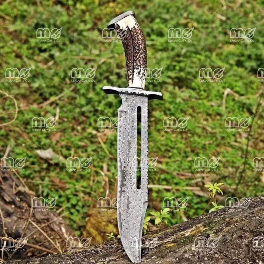 18″ Handmade Damascus Steel Bowie Knife – Deer Stag Antler Handle With Leather Sheath
