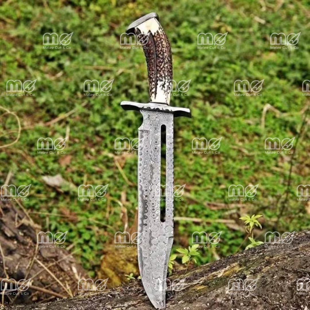 18″ Handmade Damascus Steel Bowie Knife – Deer Stag Antler Handle With Leather Sheath