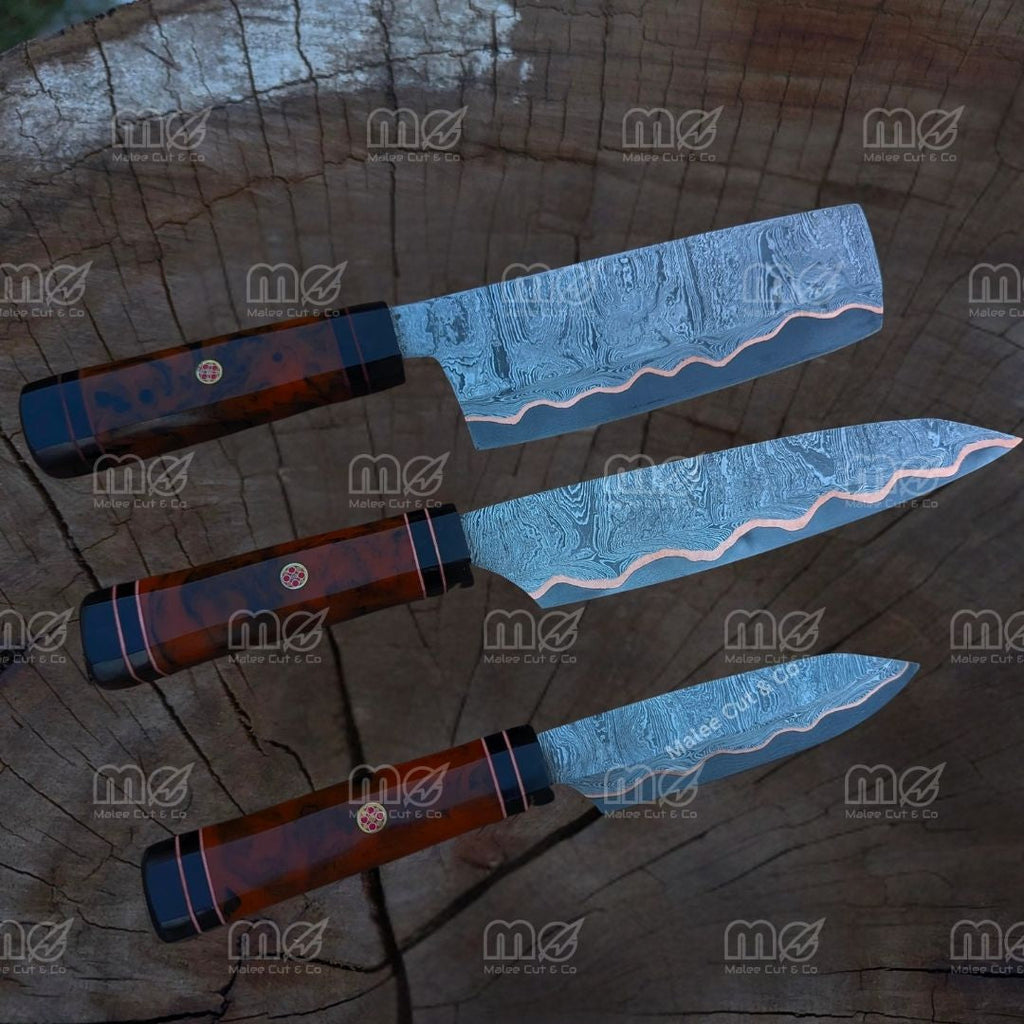 Handmade Copper Damascus Chef Knife Set - Free Shipping