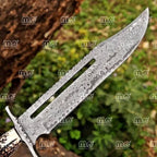 18″ Handmade Damascus Steel Bowie Knife – Deer Stag Antler Handle With Leather Sheath