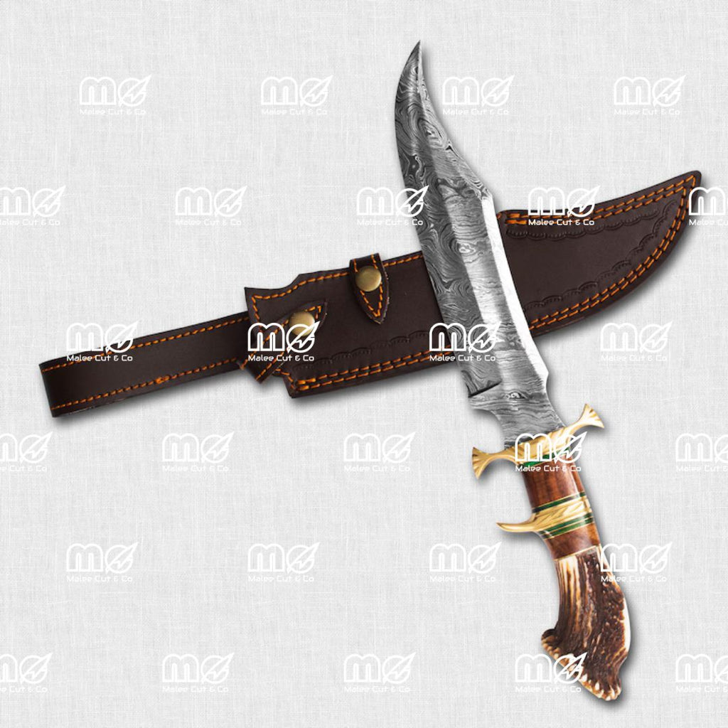Handmade Damascus Steel Hunting Knife With Stag Antler Handle