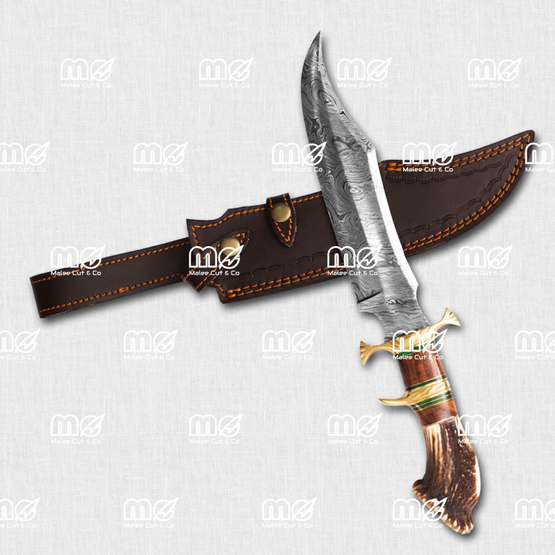 Handmade Damascus Steel Hunting Knife With Stag Antler Handle