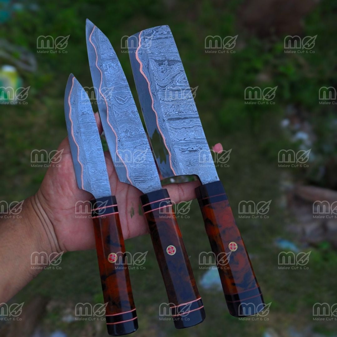 Handmade Copper Damascus Chef Knife Set - Free Shipping