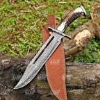 18″ Handmade Damascus Steel Bowie Knife – Deer Stag Antler Handle With Leather Sheath