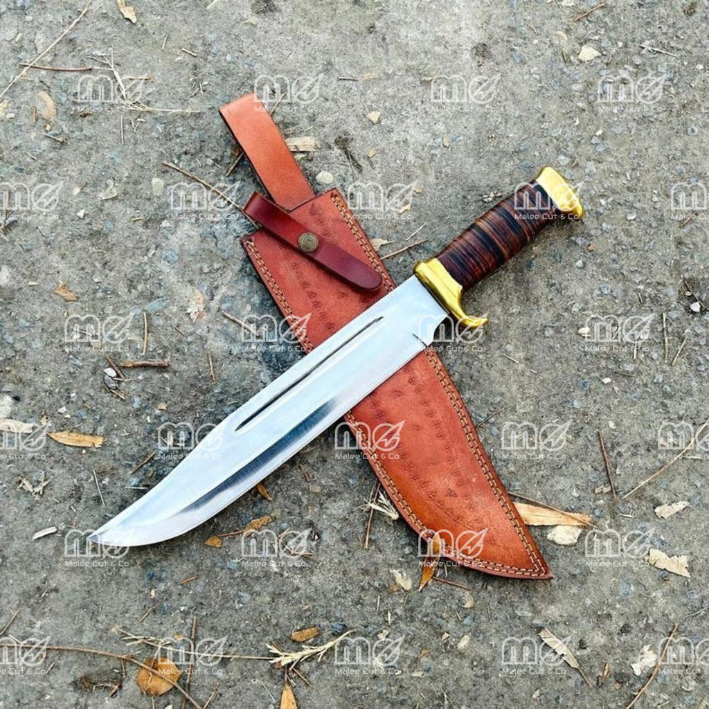 18" Custom Handmade D2 Steel Bowie Knife – Mirror Polished Crocodile Dundee Hunting Blade With Leather Sheath