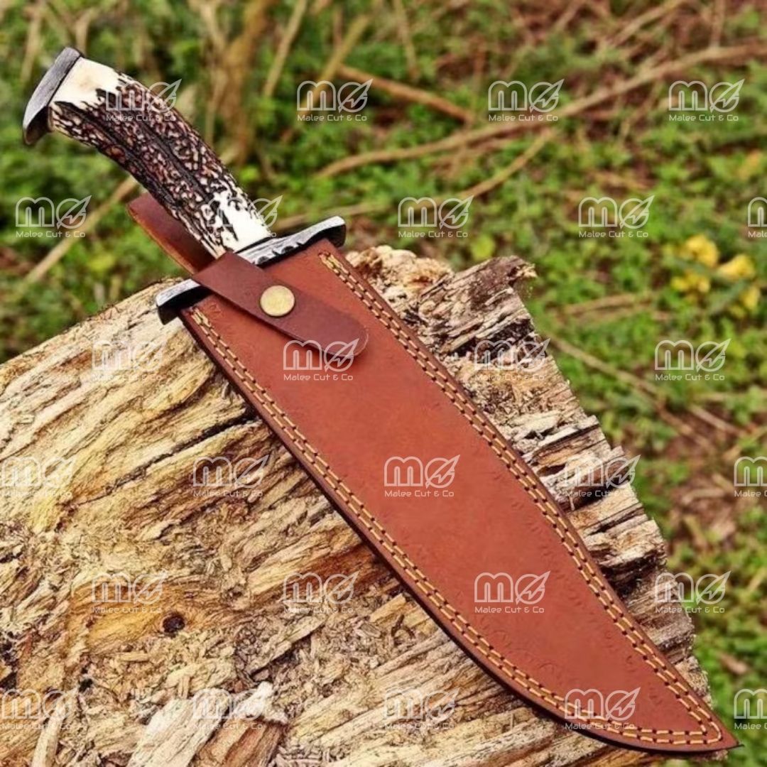 18″ Handmade Damascus Steel Bowie Knife – Deer Stag Antler Handle With Leather Sheath