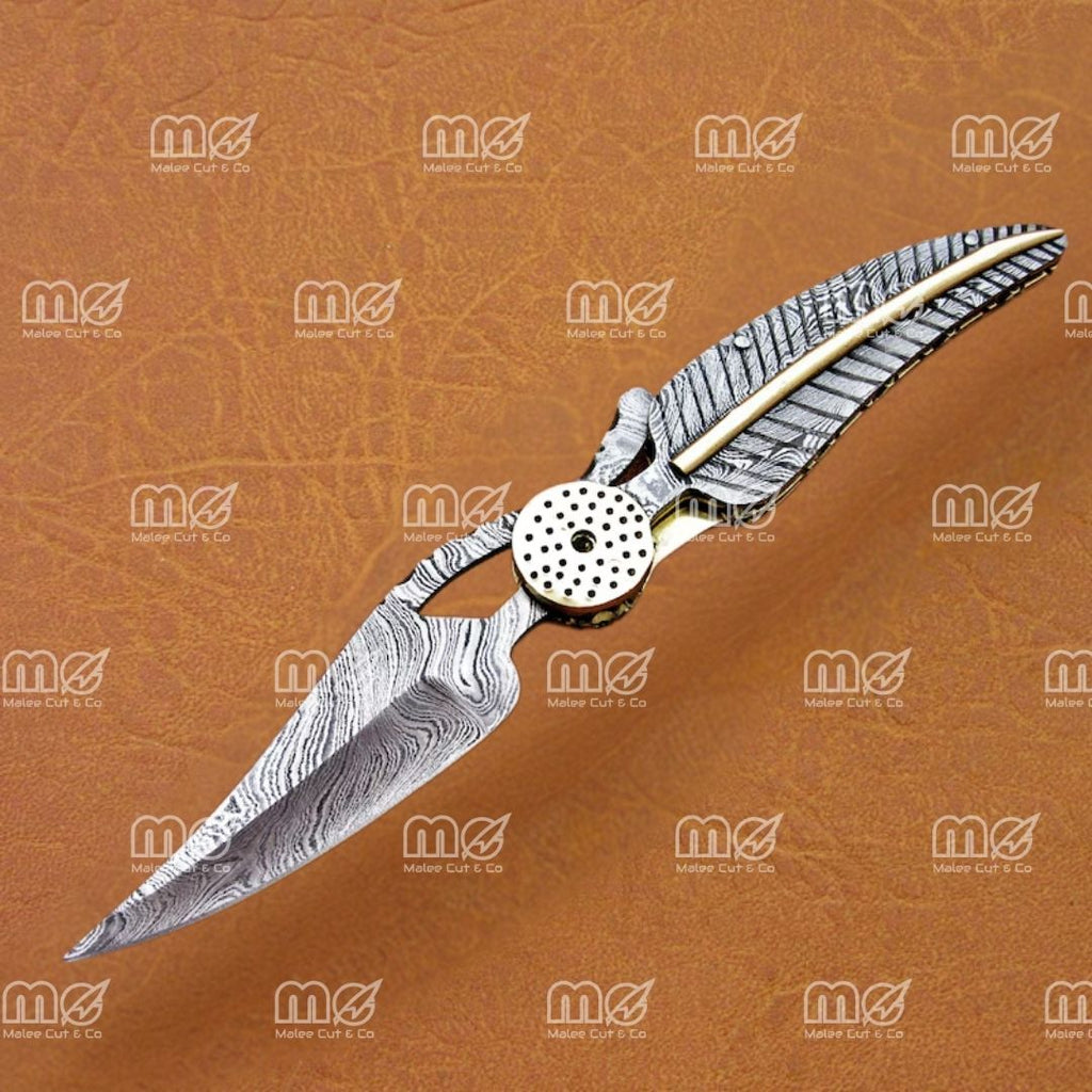 8″ Handmade Damascus Leaf Folding Knife – Twist Pattern Blade with Brass & Damascus Handle