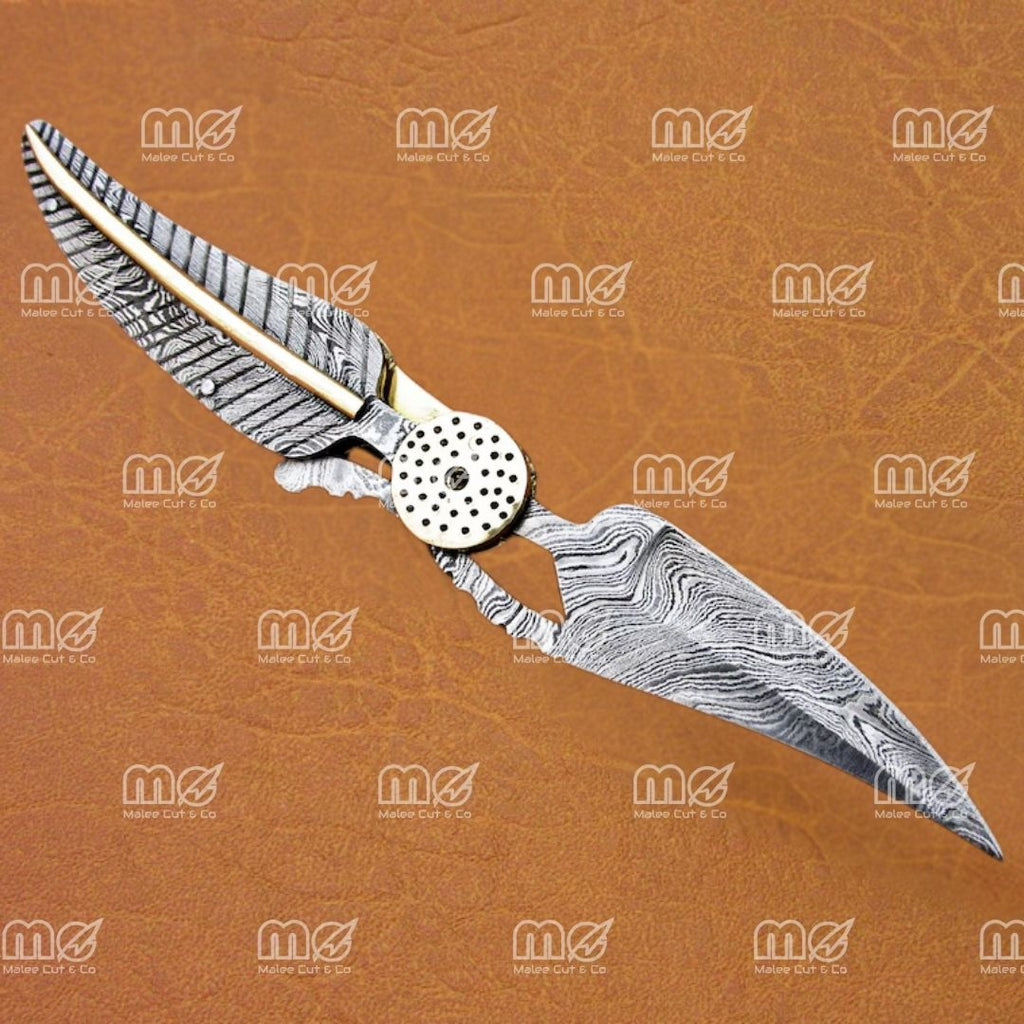 8″ Handmade Damascus Leaf Folding Knife – Twist Pattern Blade with Brass & Damascus Handle