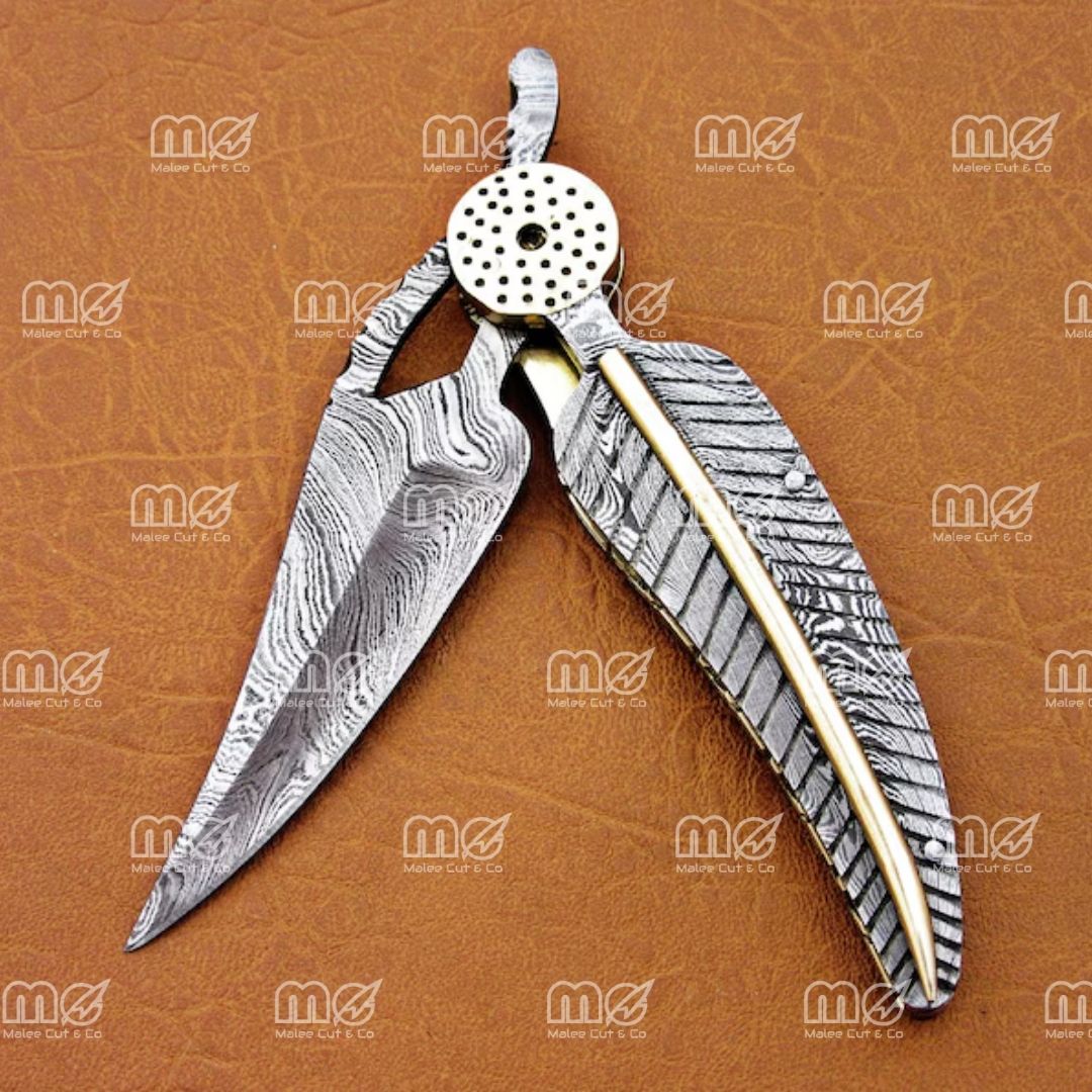 8″ Handmade Damascus Leaf Folding Knife – Twist Pattern Blade with Brass & Damascus Handle