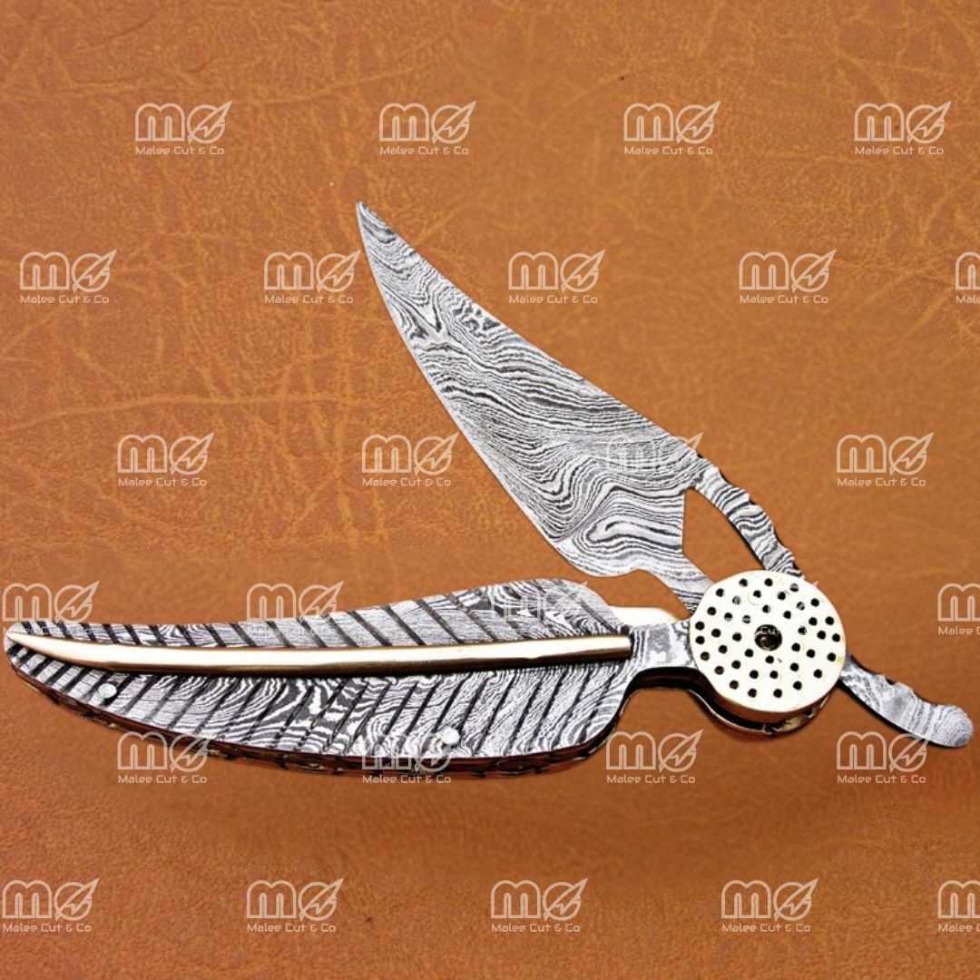 8″ Handmade Damascus Leaf Folding Knife – Twist Pattern Blade with Brass & Damascus Handle