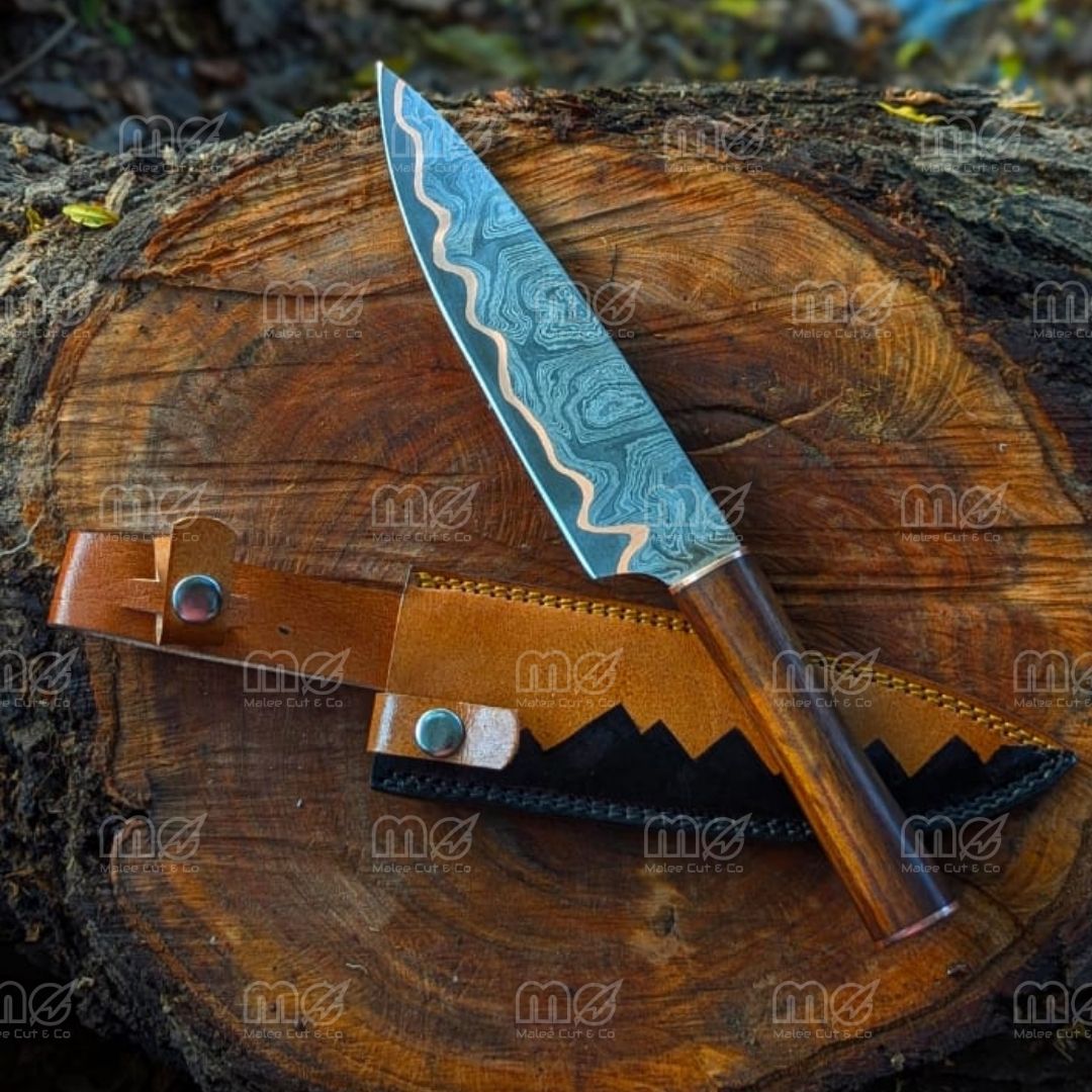 Handmade Copper Damascus Chef Knife | Full Tang With Leather Sheath