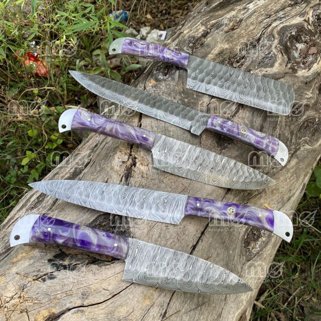 Custom Engraved Damascus Steel Kitchen Knife Set