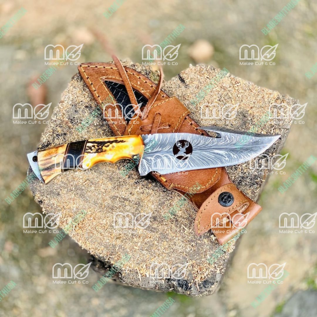 Personalized Handmade Damascus Hunting Knife With Stag Horn Handle