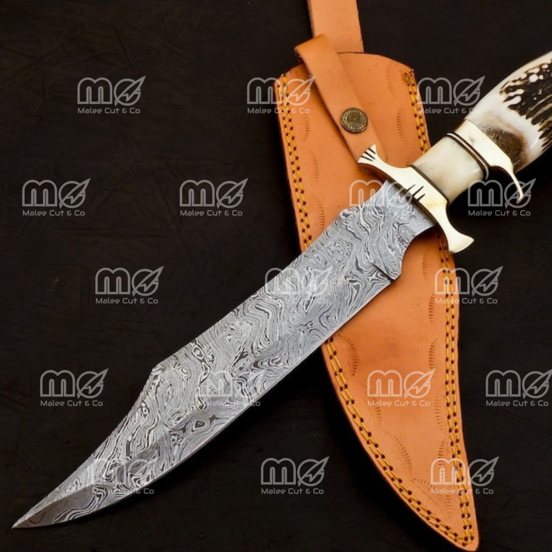 Custom Damascus Steel Hunting Knife with Camel Bone Handle