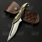 Handmade Damascus Steel Folding Pocket Knife with Leather Case