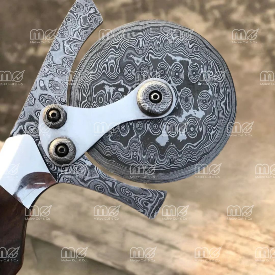 Premium Hand Forged Damascus Steel Pizza Cutter Wheel With Sheath