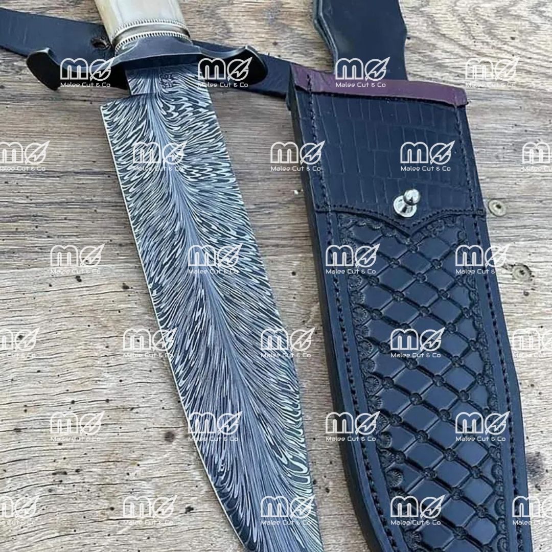 Custom Handmade Fire Pattern Bowie Knife – 13" Damascus Steel Hunting Knife With Camel Bone Handle