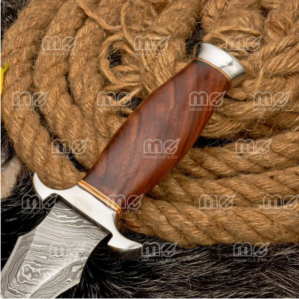 Hand-Forged Damascus Steel Bowie Knife – Rosewood Handle, Full Tang Blade & Leather Sheath | Custom Hunting & Survival Knife | Gift for Him