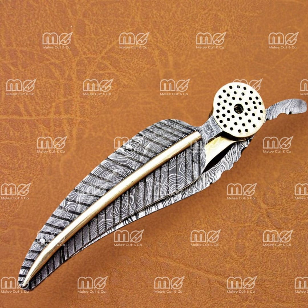8″ Handmade Damascus Leaf Folding Knife – Twist Pattern Blade with Brass & Damascus Handle