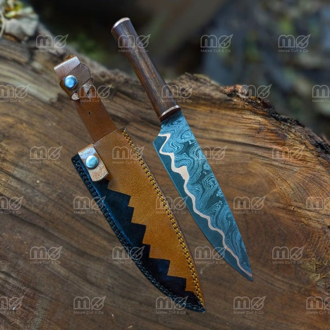 Handmade Copper Damascus Chef Knife | Full Tang With Leather Sheath