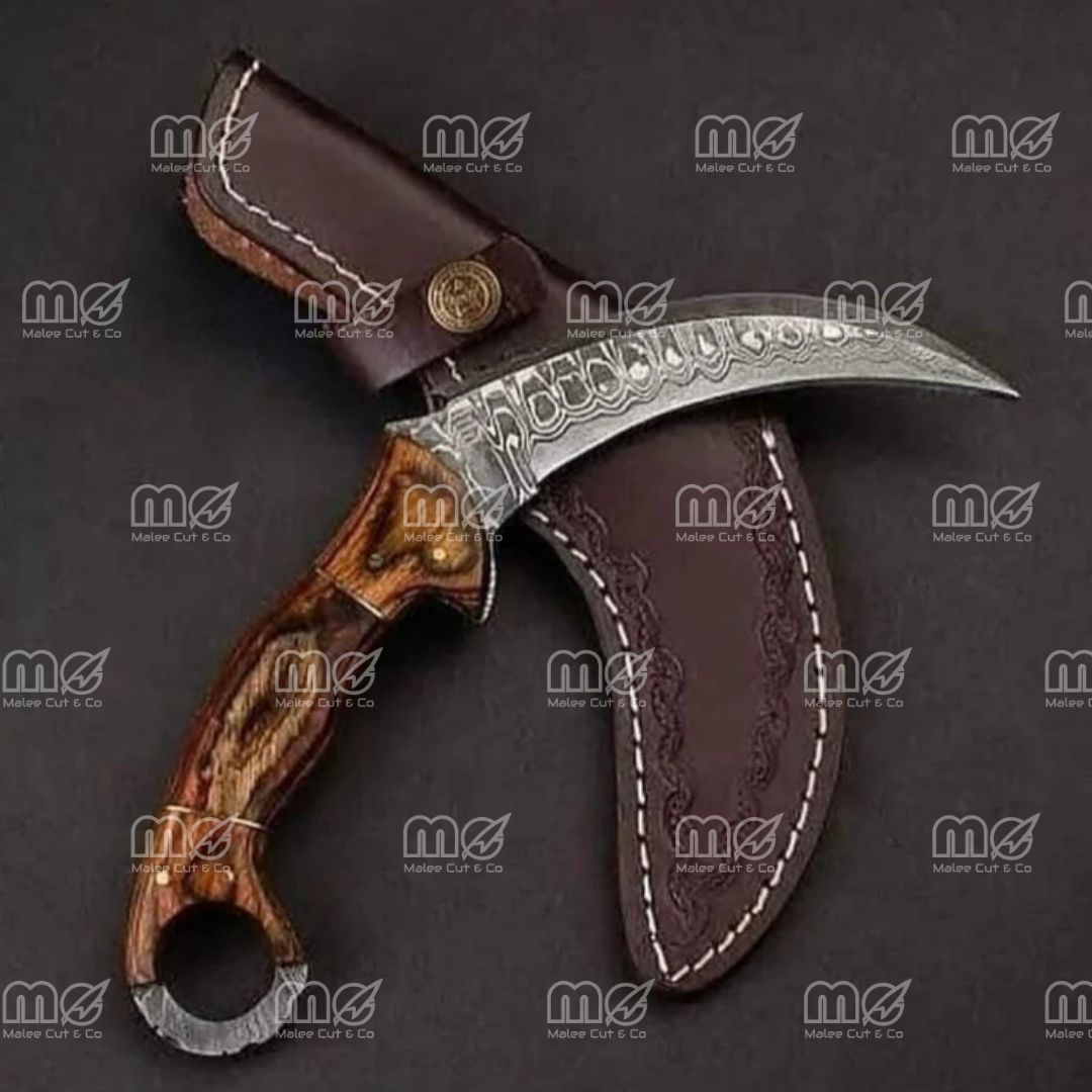 Handmade Damascus Steel Karambit Knife – Pakka Wood Handle & Leather Sheath