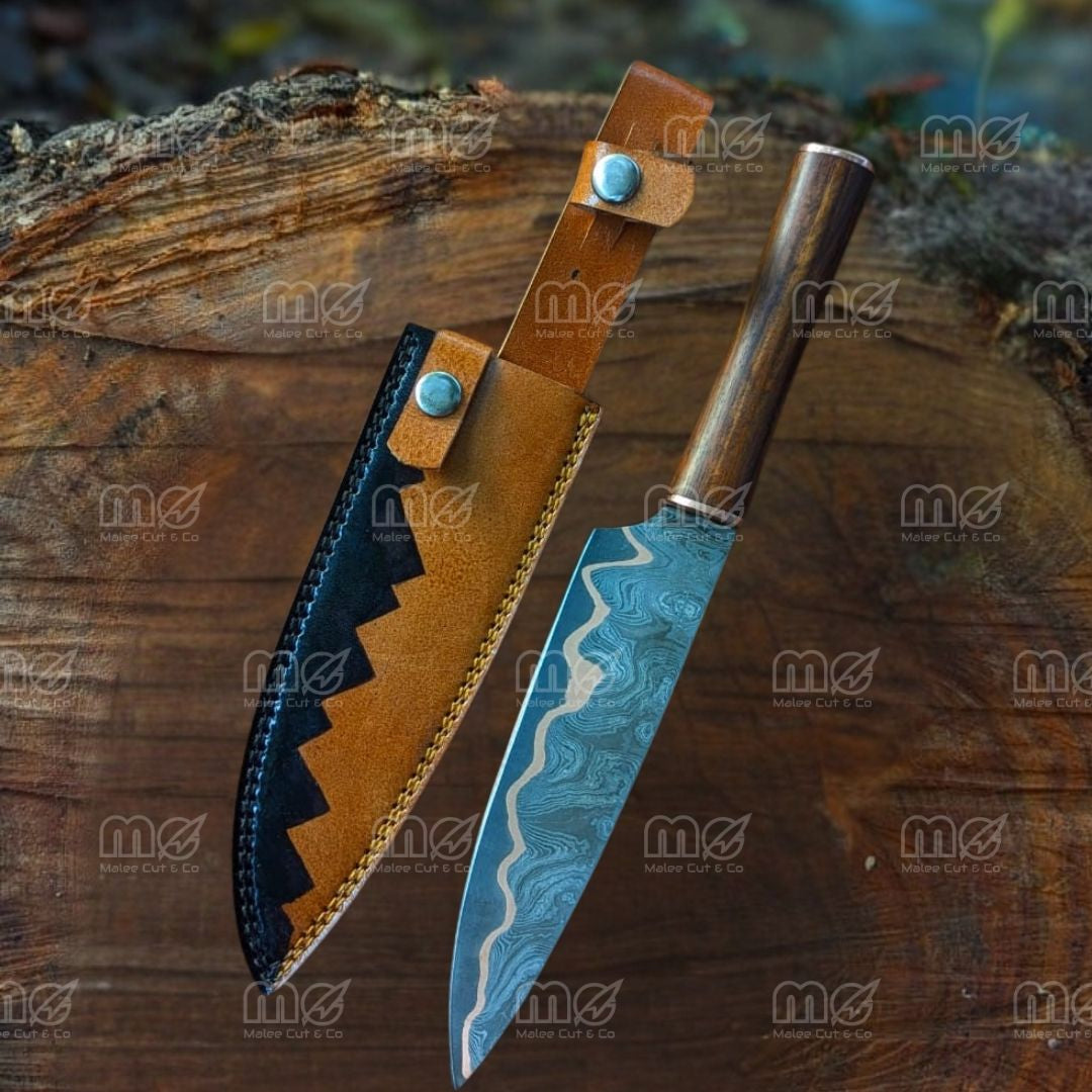 Handmade Copper Damascus Chef Knife | Full Tang With Leather Sheath