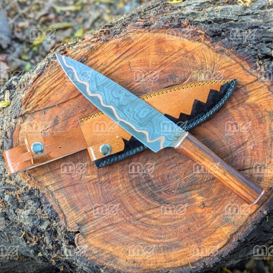 Handmade Copper Damascus Chef Knife | Full Tang With Leather Sheath