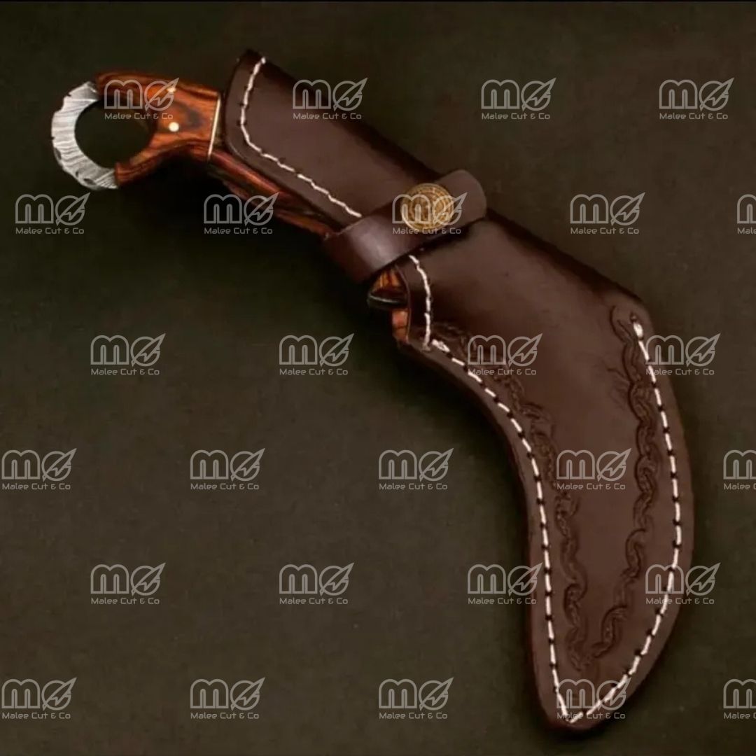 Handmade Damascus Steel Karambit Knife – Pakka Wood Handle & Leather Sheath