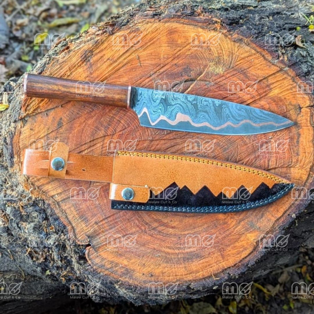 Handmade Copper Damascus Chef Knife | Full Tang With Leather Sheath