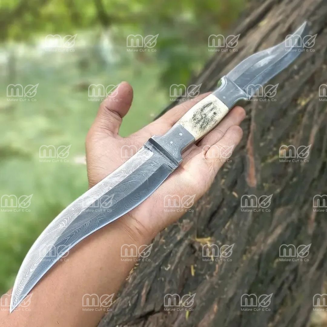 Handmade Damascus Double Blade Knife – Stag Antler & Wood Handle