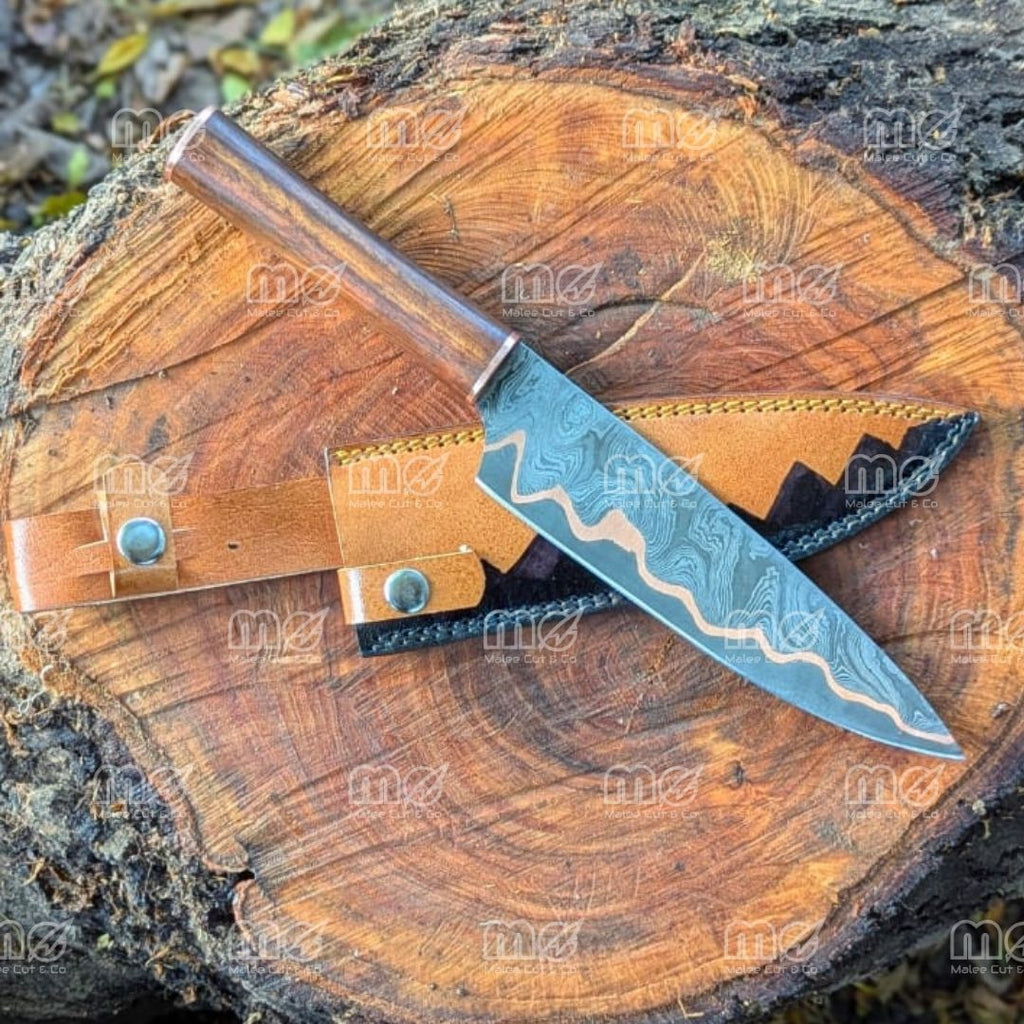 Handmade Copper Damascus Chef Knife | Full Tang With Leather Sheath