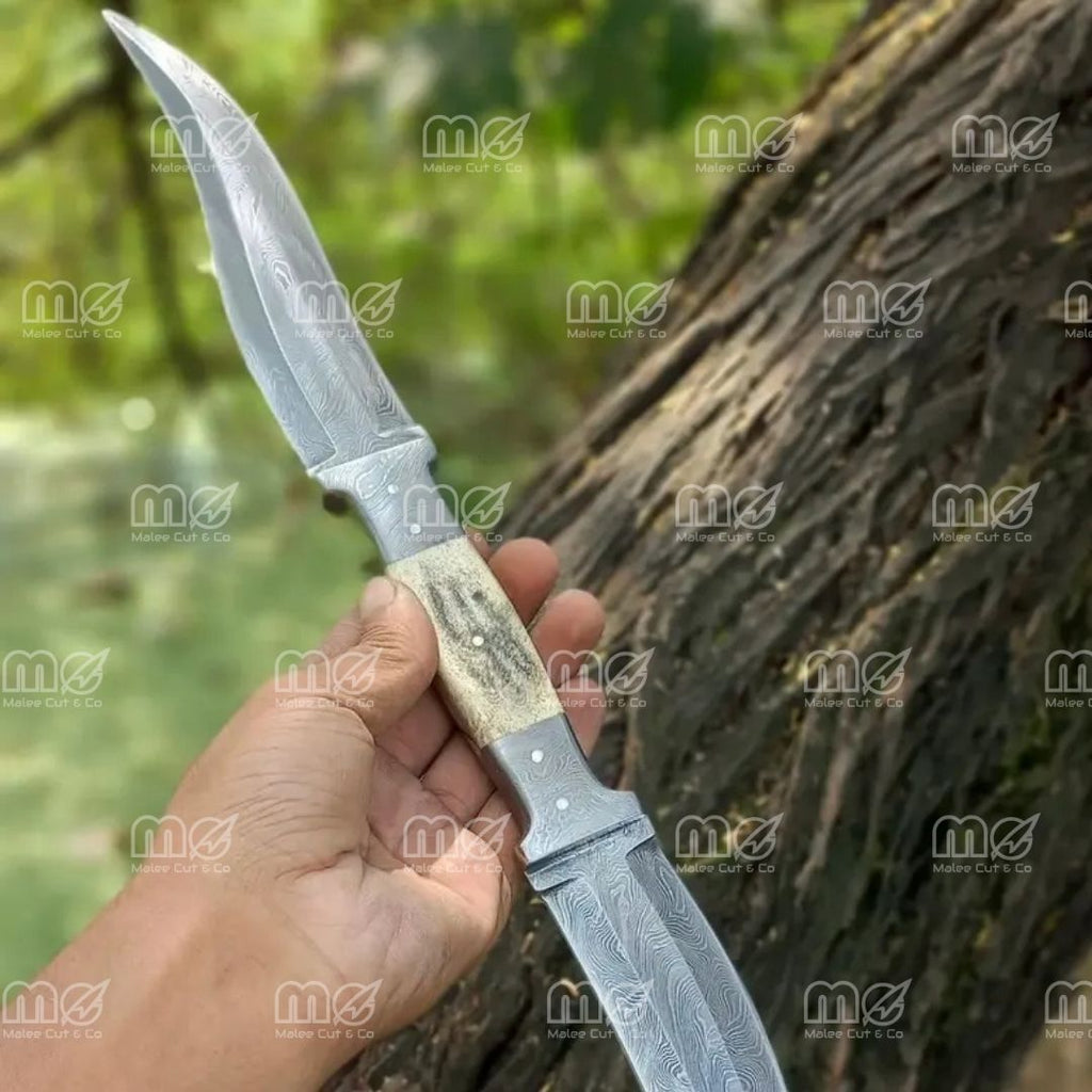 Handmade Damascus Double Blade Knife – Stag Antler & Wood Handle