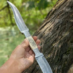 Handmade Damascus Double Blade Knife – Stag Antler & Wood Handle