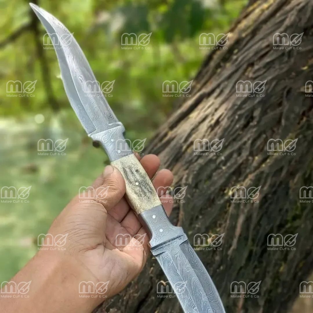 Handmade Damascus Double Blade Knife – Stag Antler & Wood Handle