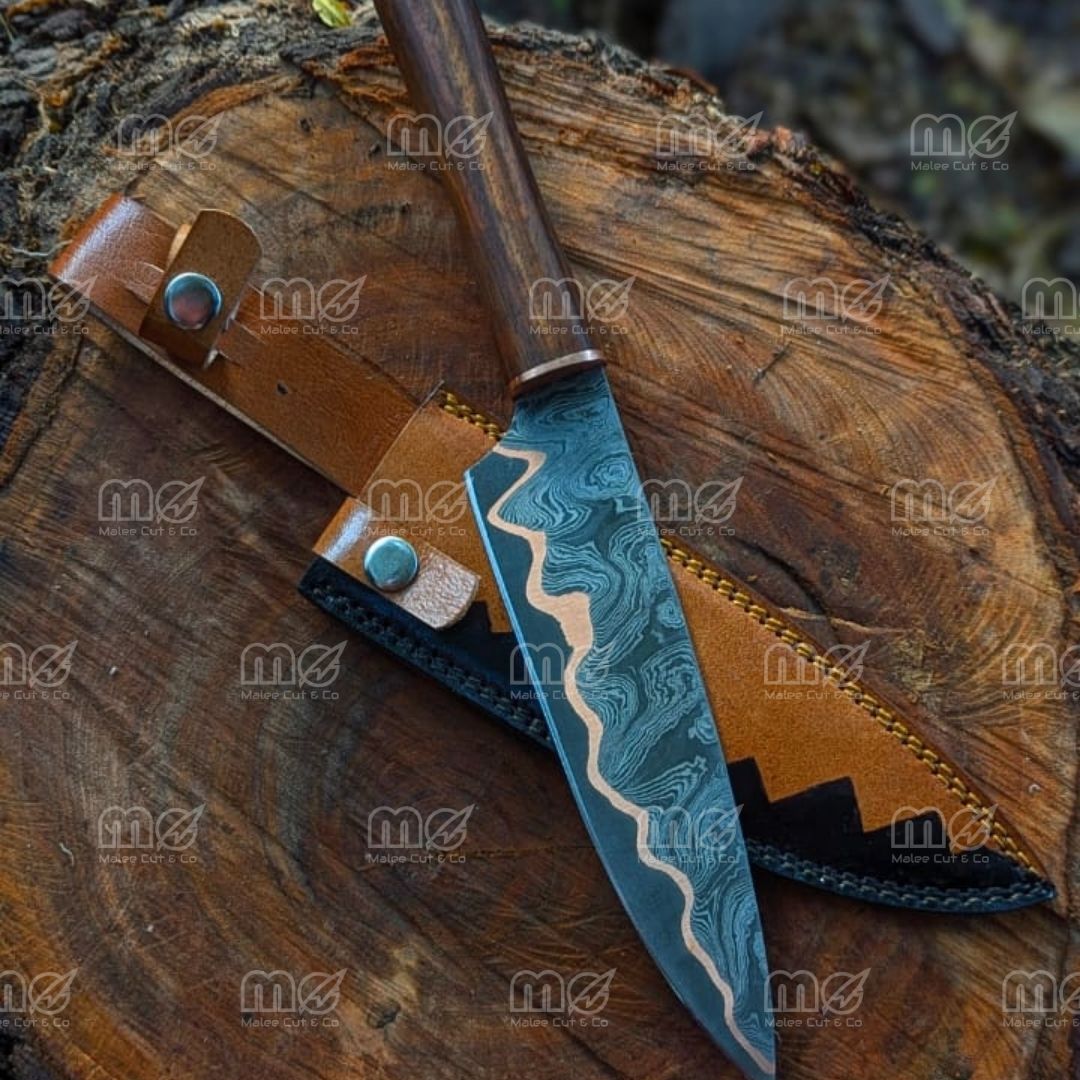 Handmade Copper Damascus Chef Knife | Full Tang With Leather Sheath