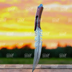 Feather Pattern Damascus Bowie Knife With Leather Sheath