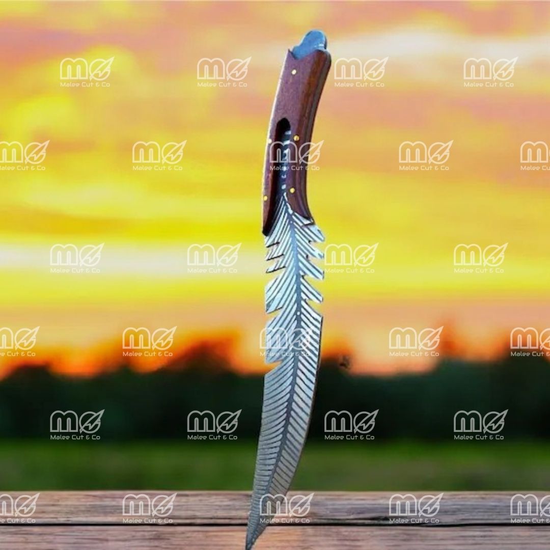 Feather Pattern Damascus Bowie Knife With Leather Sheath